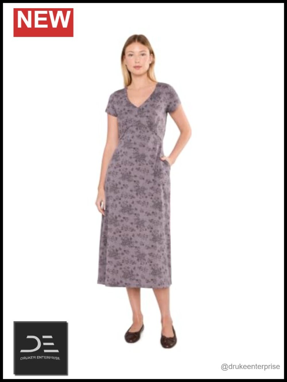 A-Line Midi Dress Short Sleeve V-Neck Organic Cotton TENCEL Casual